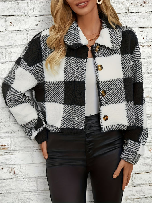 Plaid Pattern Button Front Teddy Coat